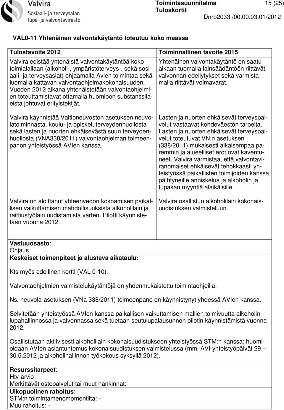 Vuoden 2012 aikana yhtenäistetään valvontaohjelmien toteuttamistavat ottamalla huomioon substanssilaeista johtuvat erityistekijät.