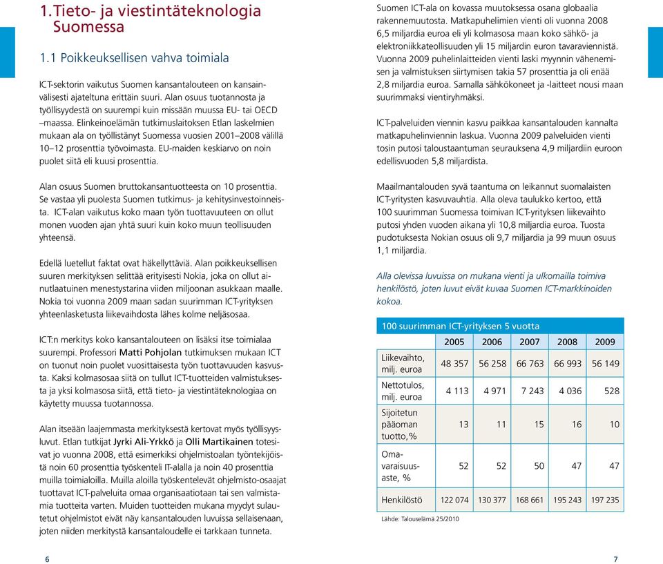 Elinkeinoelämän tutkimuslaitoksen Etlan laskelmien mukaan ala on työllistänyt Suomessa vuosien 2001 2008 välillä 10 12 prosenttia työvoimasta.