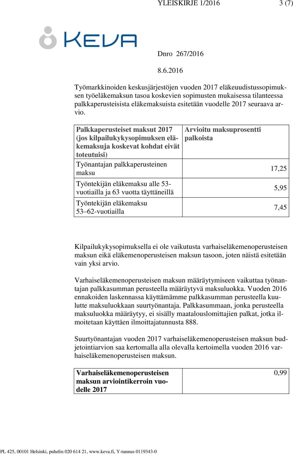 Palkkaperusteiset t 2017 (jos kilpailukykysopimuksen eläkeja koskevat kohdat eivät toteutuisi) Työntekijän eläke alle 53- Työntekijän eläke Arvioitu prosentti palkoista 17,25 5,95 7,45