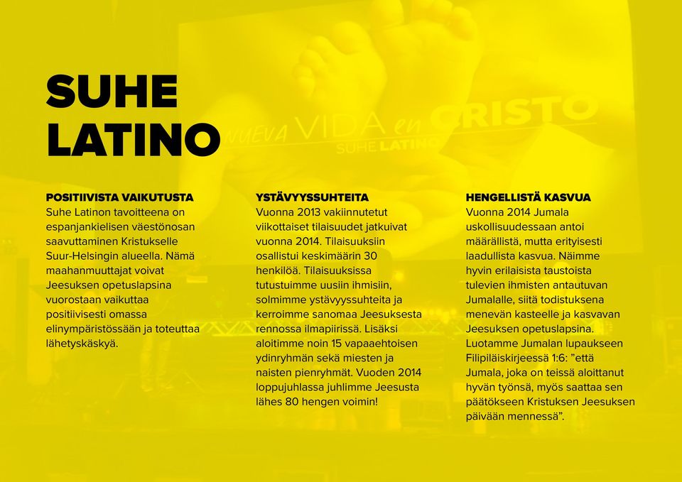YSTÄVYYSSUHTEITA Vuonna 2013 vakiinnutetut viikottaiset tilaisuudet jatkuivat vuonna 2014. Tilaisuuksiin osallistui keskimäärin 30 henkilöä.