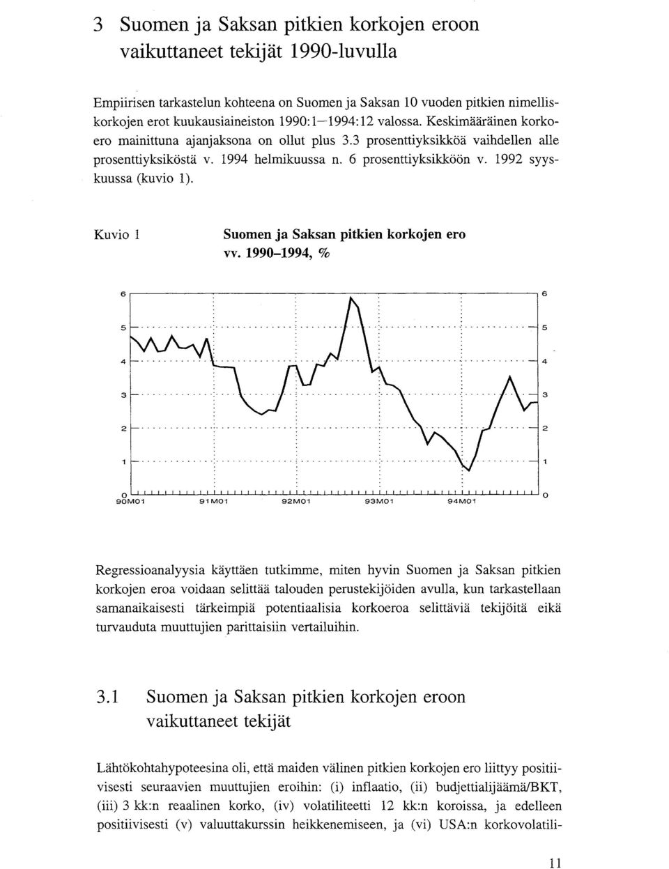 1992 syyskuussa (kuvio 1). Kuvio 1 Suomen ja Saksan pitkien korkojen ero vv. 1990-1994, % 6r--------.-------------------------------,6 5 4........ 5 4 3 2... : : -:........-... 3 2.... :.:.. - :- '".