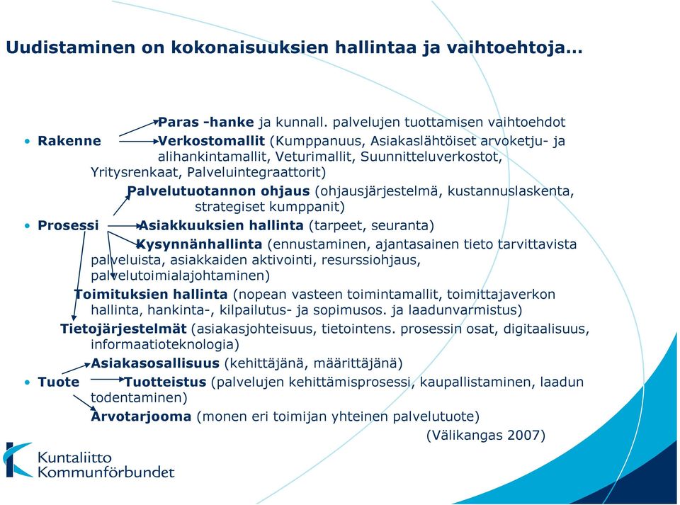 Palvelutuotannon ohjaus (ohjausjärjestelmä, kustannuslaskenta, strategiset kumppanit) Prosessi Asiakkuuksien hallinta (tarpeet, seuranta) Kysynnänhallinta (ennustaminen, ajantasainen tieto