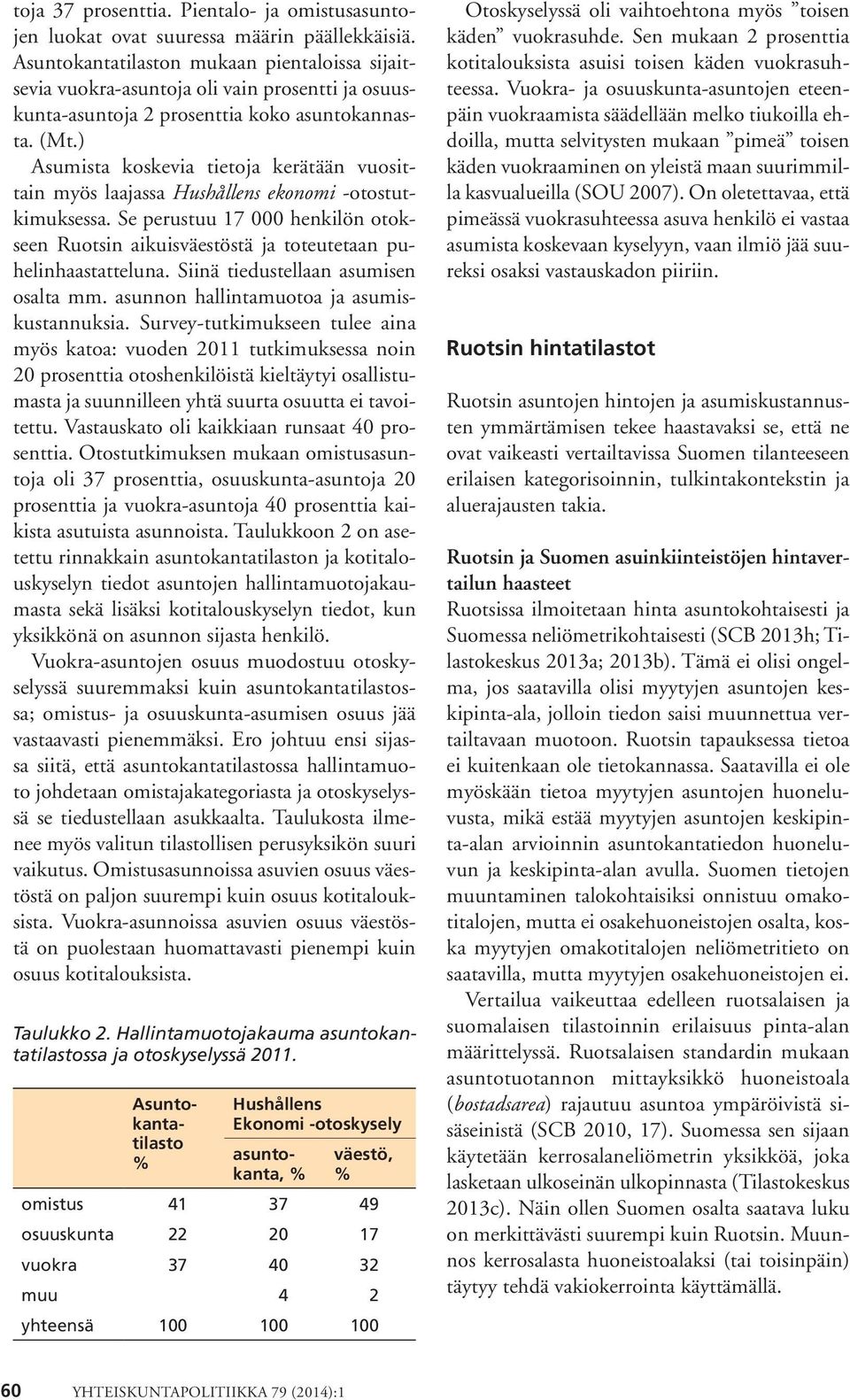 ) Asumista koskevia tietoja kerätään vuosittain myös laajassa Hushållens ekonomi -otostutkimuksessa. Se perustuu 17 000 henkilön otokseen Ruotsin aikuisväestöstä ja toteutetaan puhelinhaastatteluna.