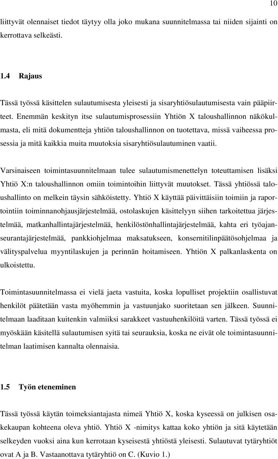 Enemmän keskityn itse sulautumisprosessiin Yhtiön X taloushallinnon näkökulmasta, eli mitä dokumentteja yhtiön taloushallinnon on tuotettava, missä vaiheessa prosessia ja mitä kaikkia muita muutoksia