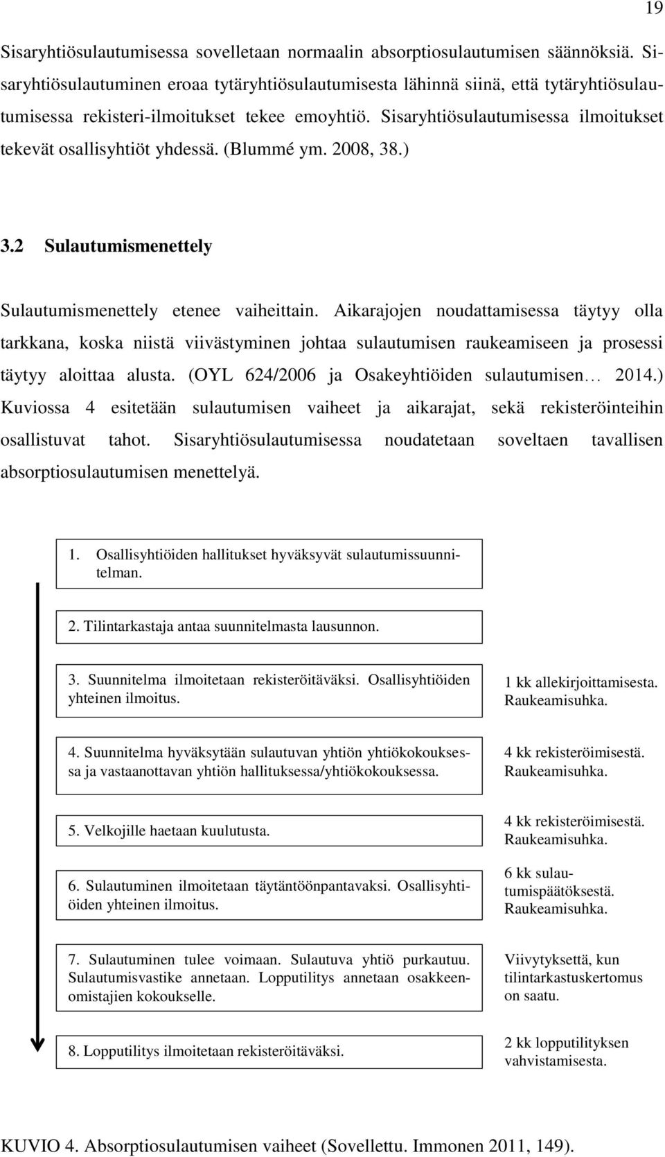 Sisaryhtiösulautumisessa ilmoitukset tekevät osallisyhtiöt yhdessä. (Blummé ym. 2008, 38.) 3.2 Sulautumismenettely Sulautumismenettely etenee vaiheittain.