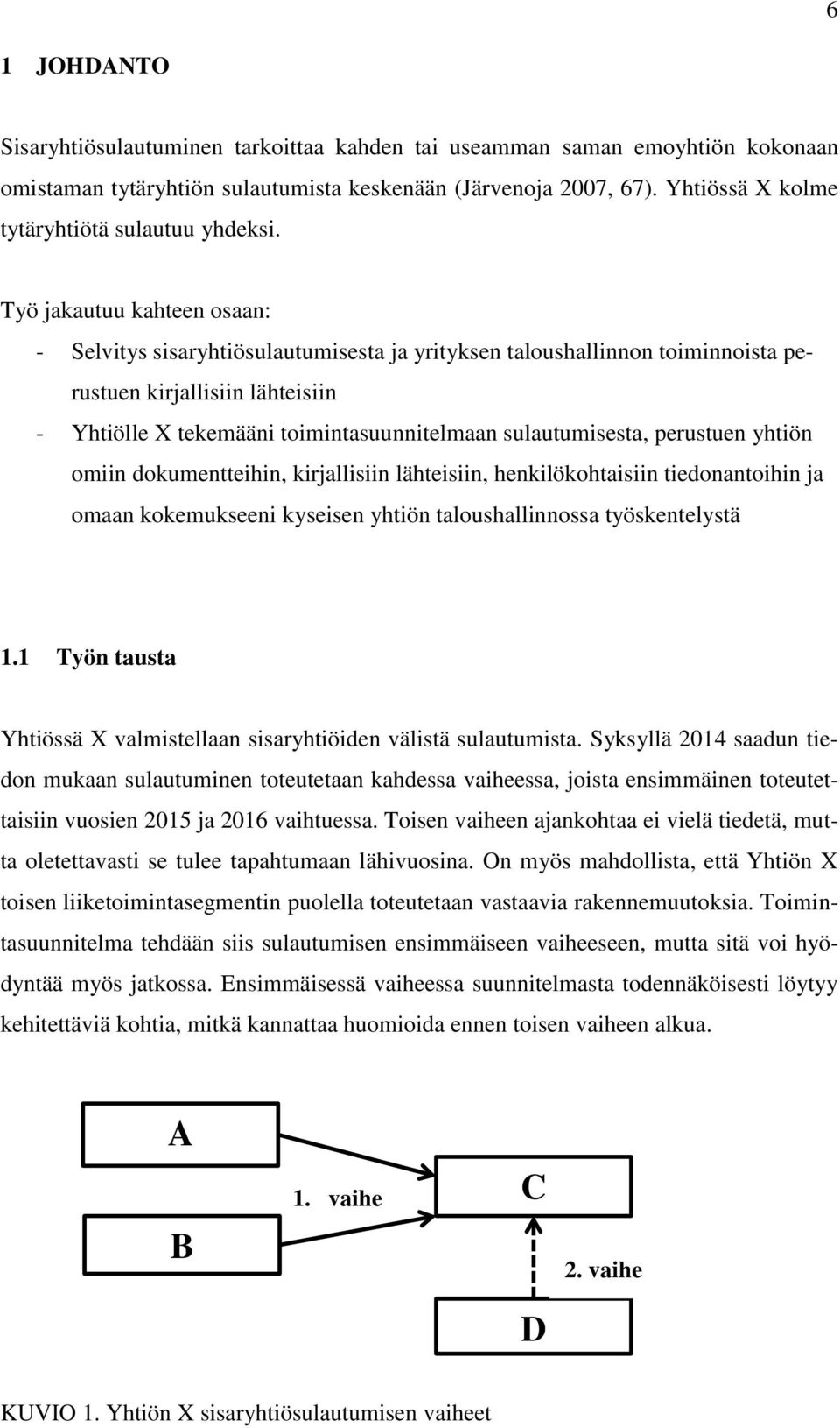Työ jakautuu kahteen osaan: - Selvitys sisaryhtiösulautumisesta ja yrityksen taloushallinnon toiminnoista perustuen kirjallisiin lähteisiin - Yhtiölle X tekemääni toimintasuunnitelmaan
