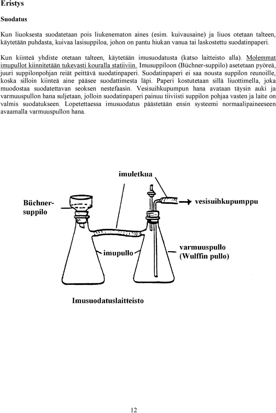 Kun kiinteä yhdiste otetaan talteen, käytetään imusuodatusta (katso laitteisto alla). Molemmat imupullot kiinnitetään tukevasti kouralla statiiviin.