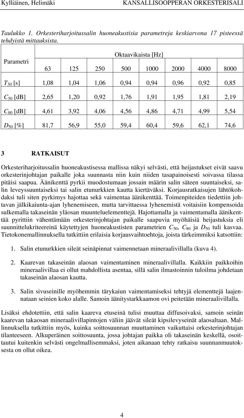 55,0 59,4 60,4 59,6 6, 74,6 3 RATKAISUT Orkesteriharjoitussalin huoneakustisessa mallissa näkyi selvästi, että heijastukset eivät saavu orkesterinjohtajan paikalle joka suunnasta niin kuin niiden