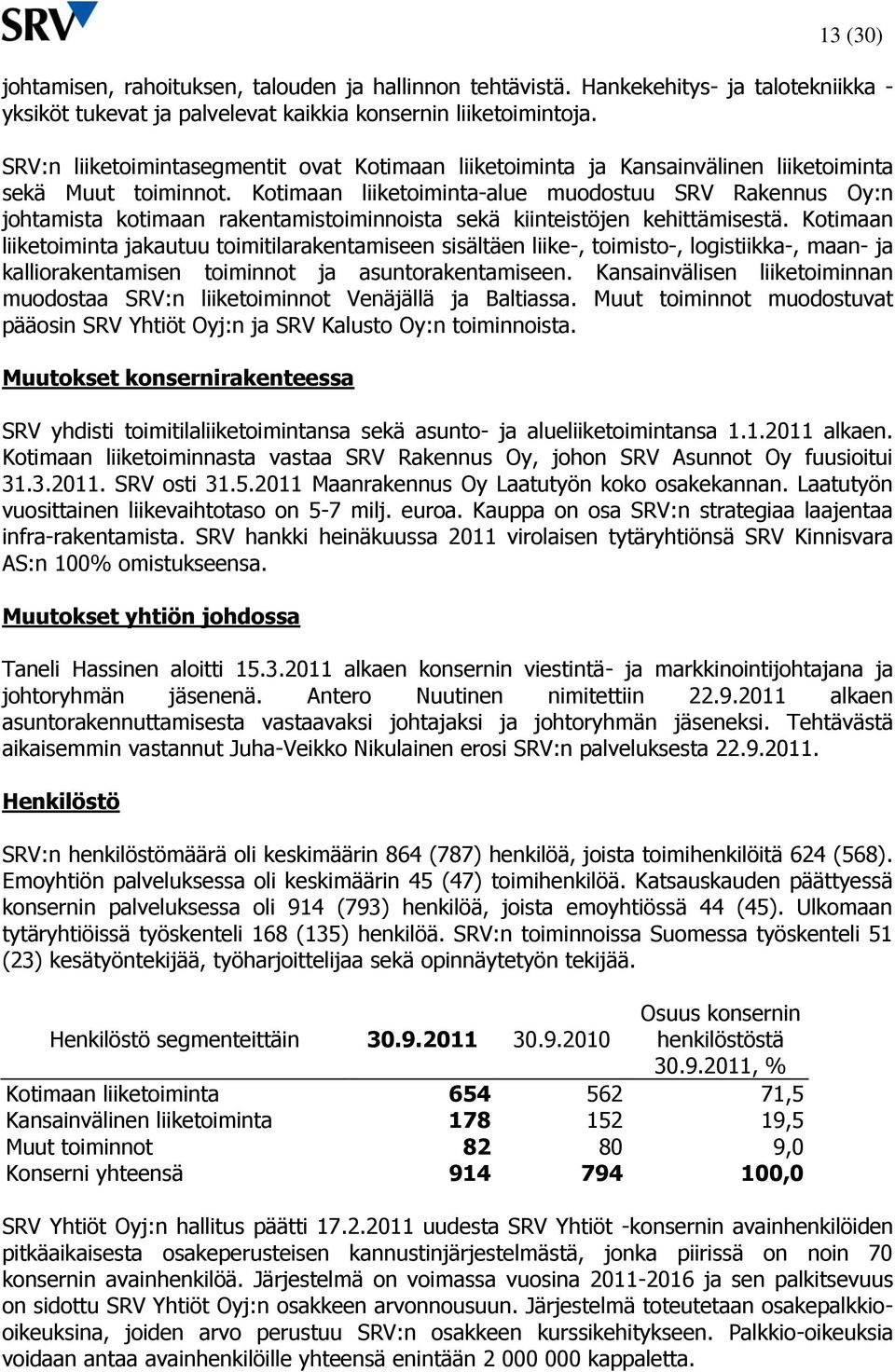 Kotimaan liiketoiminta-alue muodostuu SRV Rakennus Oy:n johtamista kotimaan rakentamistoiminnoista sekä kiinteistöjen kehittämisestä.