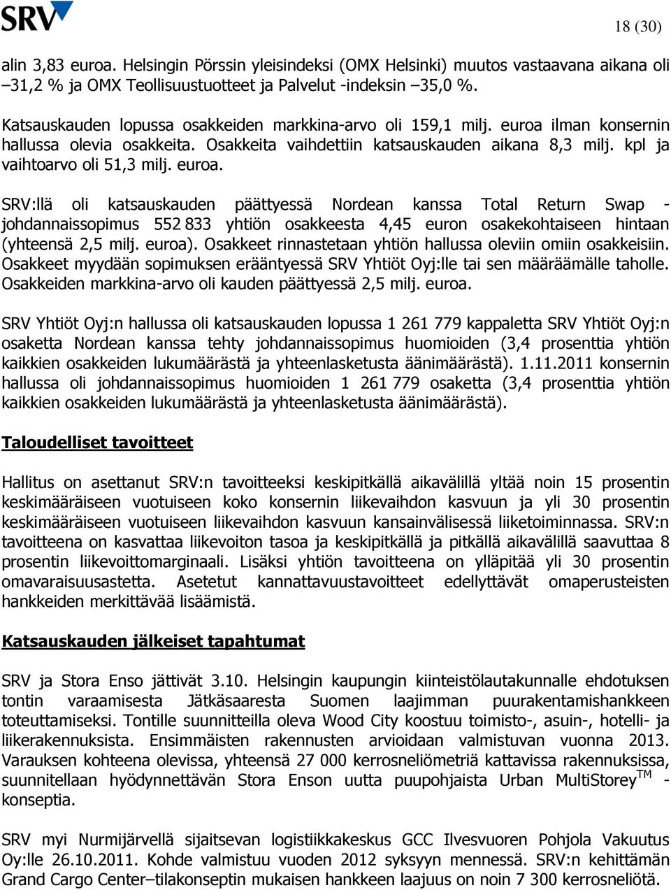 euroa. SRV:llä oli katsauskauden päättyessä Nordean kanssa Total Return Swap - johdannaissopimus 552 833 yhtiön osakkeesta 4,45 euron osakekohtaiseen hintaan (yhteensä 2,5 milj. euroa).