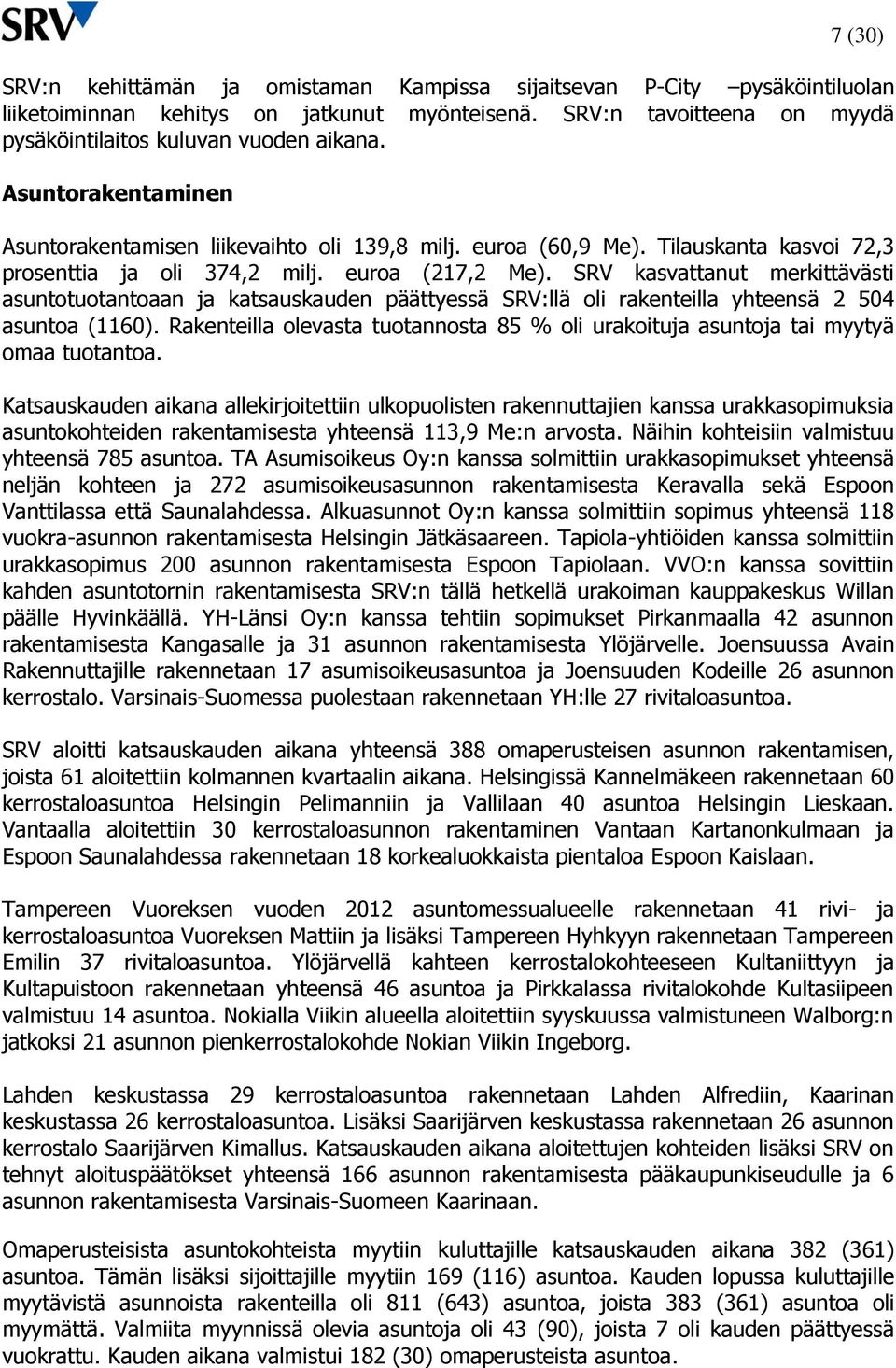 SRV kasvattanut merkittävästi asuntotuotantoaan ja katsauskauden päättyessä SRV:llä oli rakenteilla yhteensä 2 504 asuntoa (1160).