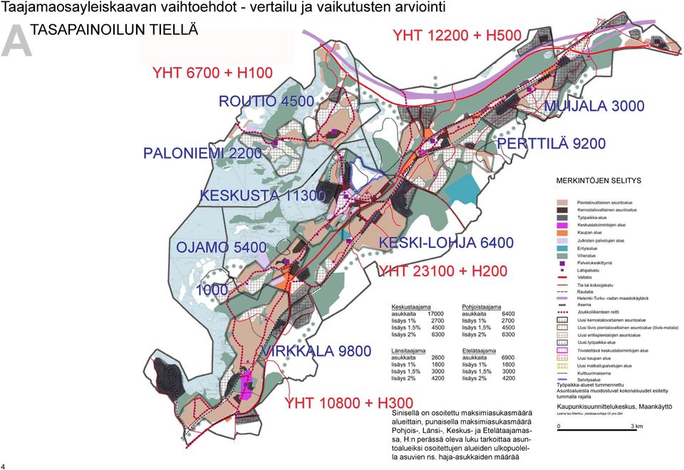 punaisella maksimiasukasmäärä Pohjois-, Länsi-, Keskus- ja Etelätaajamassa, H:n perässä oleva luku tarkoittaa asuntoalueiksi osoitettujen