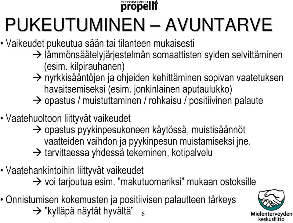 jonkinlainen aputaulukko) opastus / muistuttaminen / rohkaisu / positiivinen palaute Vaatehuoltoon liittyvät vaikeudet opastus pyykinpesukoneen käytössä, muistisäännöt