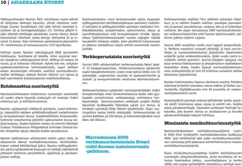 Koko toimituksen yleiskokouksia järjestettiin 76. Toimituksessa oli kertomusvuonna 1335 käyntikertaa. Koillisen alueen Nuorten vaikuttajarymä KOVA perustettiin helmikuussa.