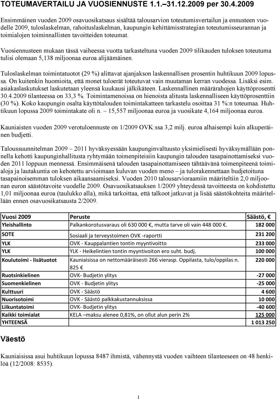 toteutumisseurannan ja toimialojen toiminnallisten tavoitteiden toteumat.