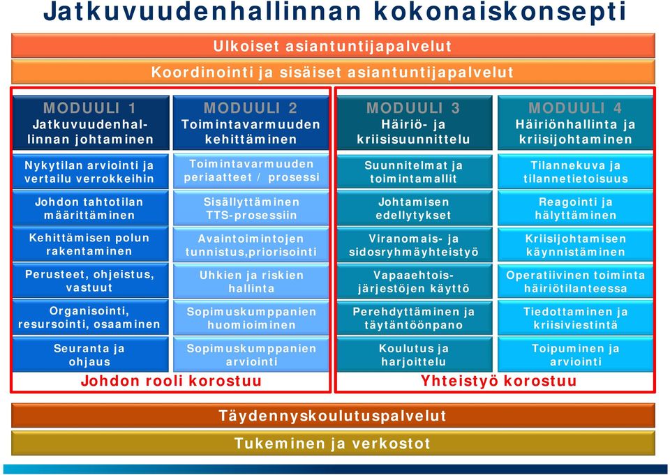 toimintamallit Tilannekuva ja tilannetietoisuus Johdon tahtotilan määrittäminen Sisällyttäminen TTS-prosessiin Johtamisen edellytykset Reagointi ja hälyttäminen Kehittämisen polun rakentaminen