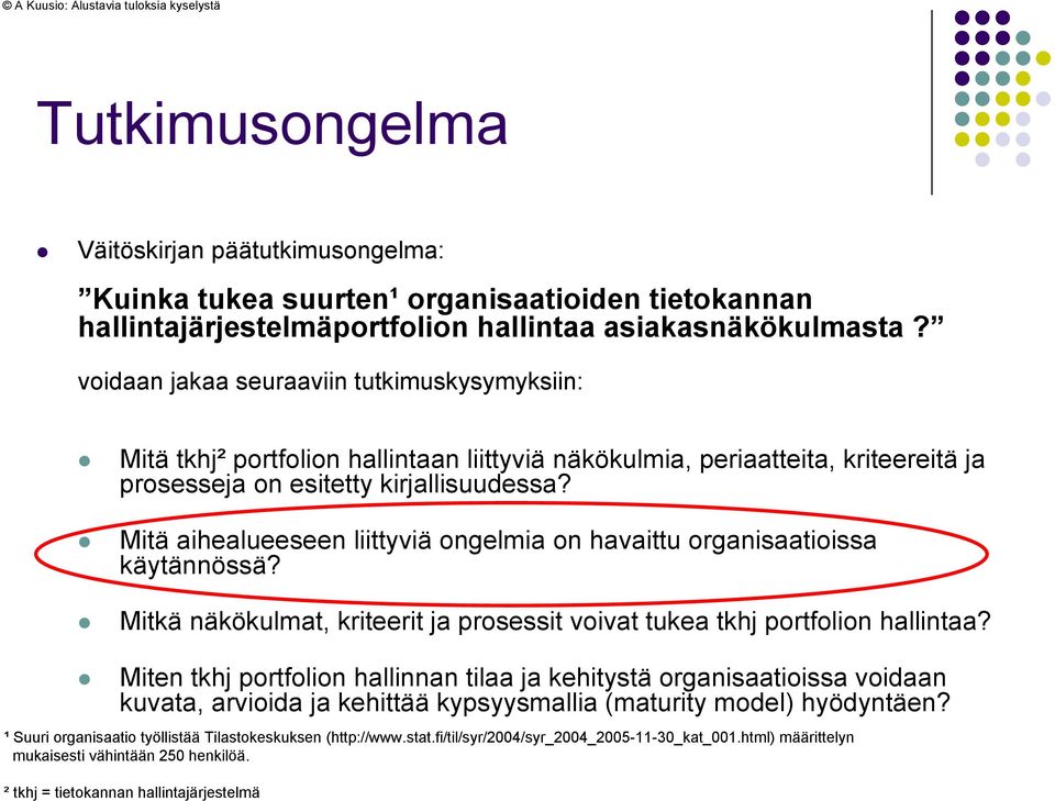 Mitä aihealueeseen liittyviä ongelmia on havaittu organisaatioissa käytännössä? Mitkä näkökulmat, kriteerit ja prosessit voivat tukea tkhj portfolion hallintaa?