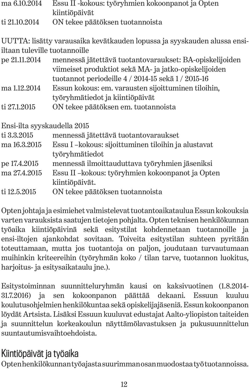 2014 Essu II -kokous: työryhmien kokoonpanot ja Opten kiintiöpäivät ON tekee päätöksen tuotannoista UUTTA: lisätty varausaika kevätkauden lopussa ja syyskauden alussa ensiiltaan tuleville