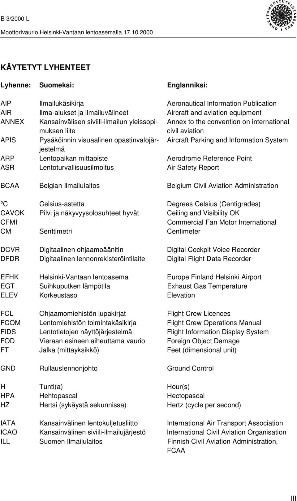 Lentopaikan mittapiste Aerodrome Reference Point ASR Lentoturvallisuusilmoitus Air Safety Report BCAA Belgian Ilmailulaitos Belgium Civil Aviation Administration ºC Celsius-astetta Degrees Celsius