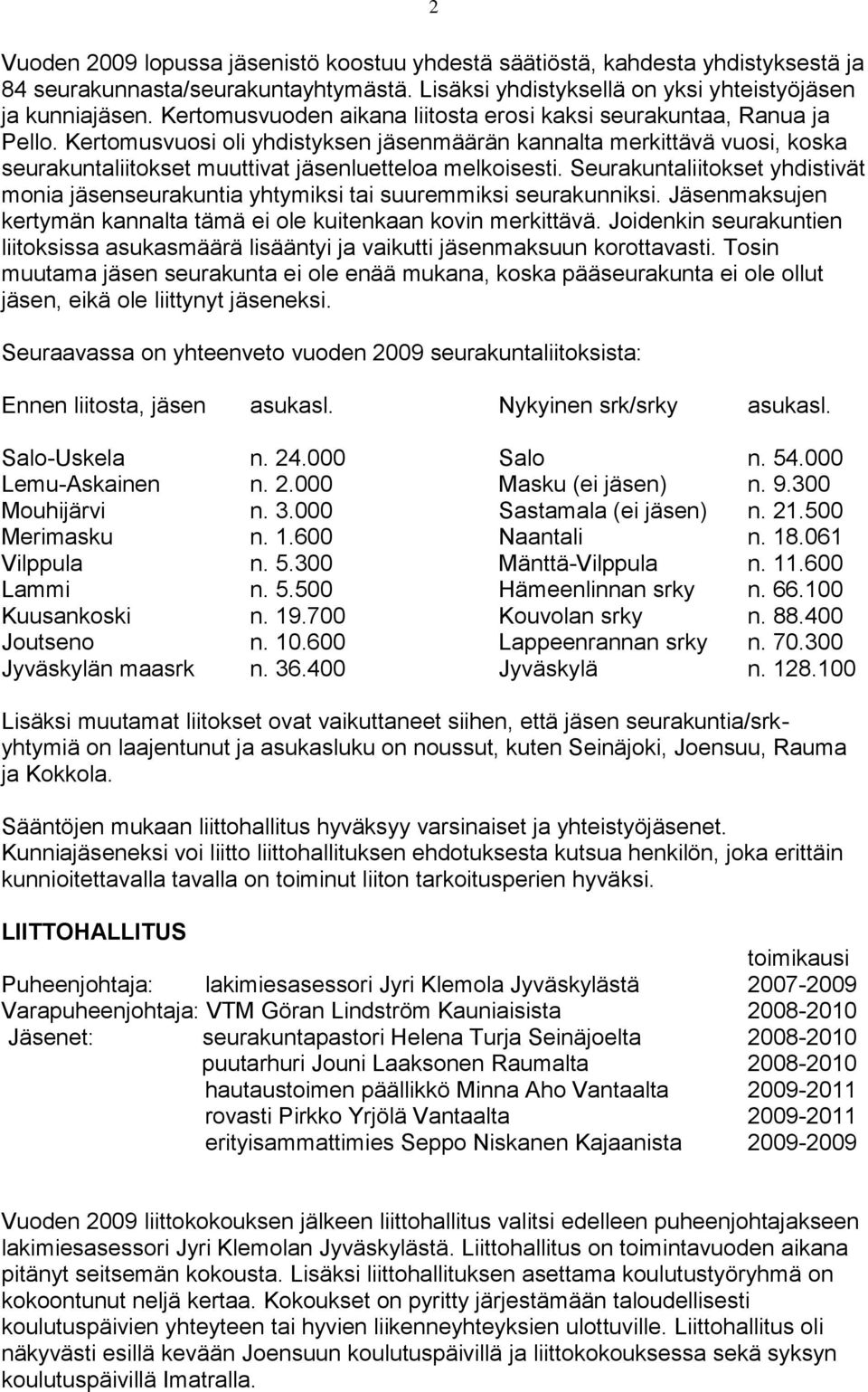 Kertomusvuosi oli yhdistyksen jäsenmäärän kannalta merkittävä vuosi, koska seurakuntaliitokset muuttivat jäsenluetteloa melkoisesti.