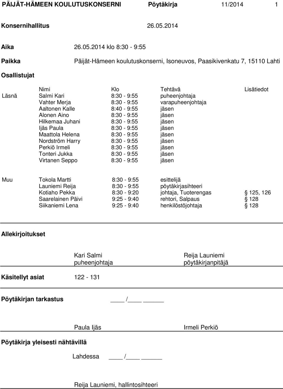 2014 klo 8:30-9:55 Paikka Päijät-Hämeen koulutuskonserni, Isoneuvos, Paasikivenkatu 7, 15110 Lahti Osallistujat Nimi Klo Tehtävä Lisätiedot Läsnä Salmi Kari 8:30-9:55 puheenjohtaja Vahter Merja