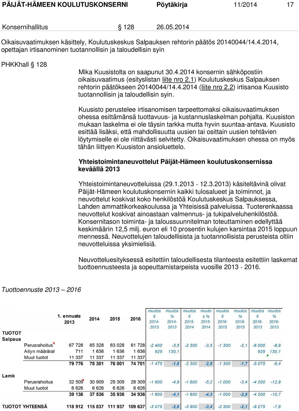 2) irtisanoa Kuusisto tuotannollisin ja taloudellisin syin. Kuusisto perustelee irtisanomisen tarpeettomaksi oikaisuvaatimuksen ohessa esittämänsä tuottavuus- ja kustannuslaskelman pohjalta.