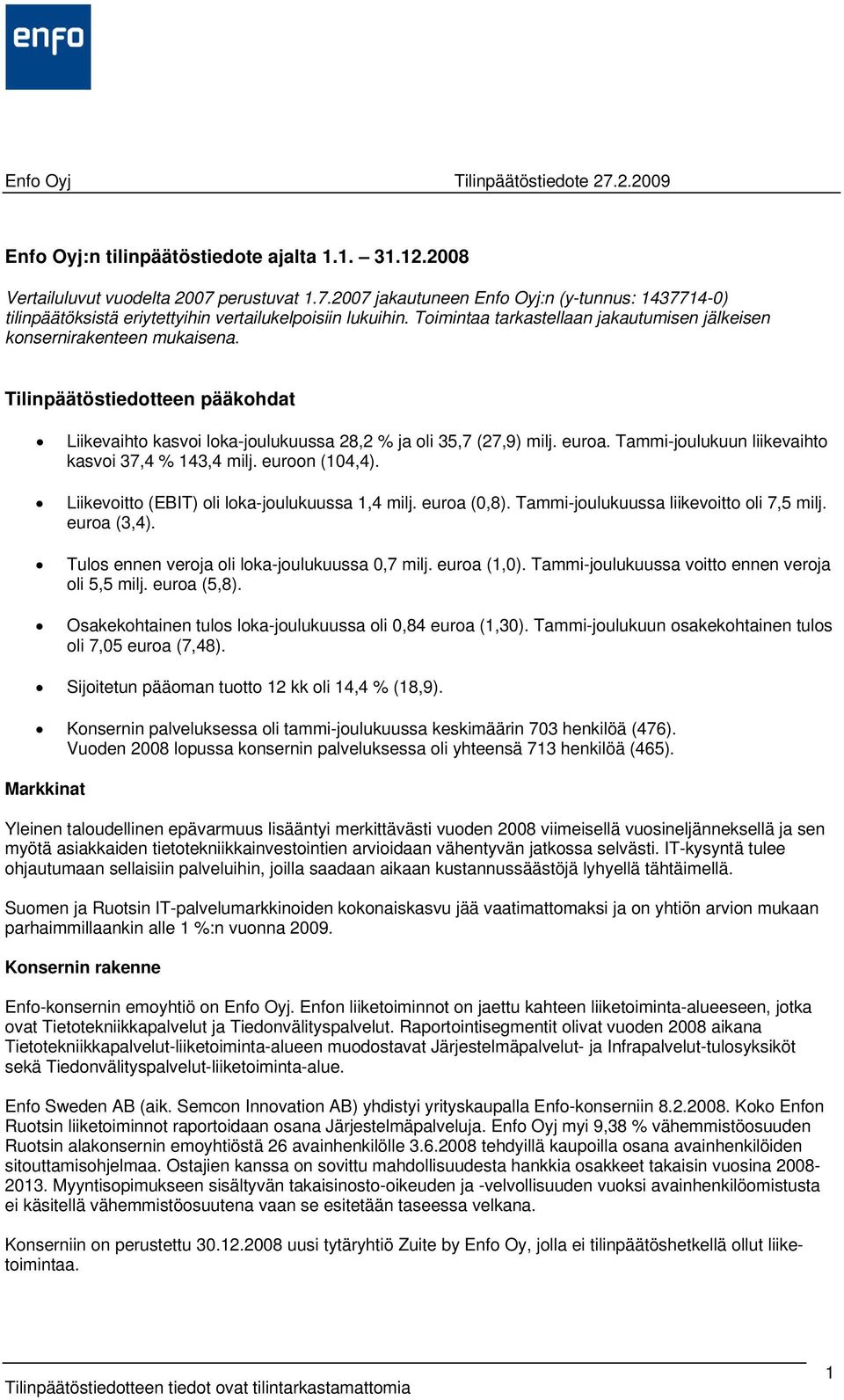 Tammi-joulukuun liikevaihto kasvoi 37,4 % 143,4 milj. euroon (104,4). Liikevoitto (EBIT) oli loka-joulukuussa 1,4 (0,8). Tammi-joulukuussa liikevoitto oli 7,5 milj. euroa (3,4).