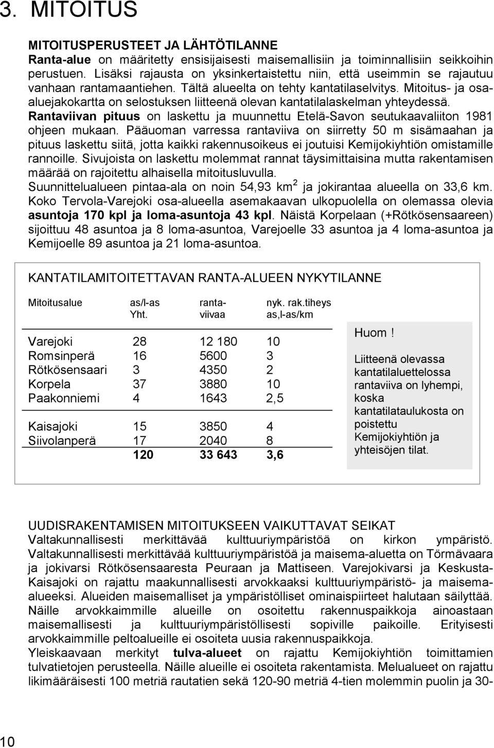 Mitoitus- ja osaaluejakokartta on selostuksen liitteenä olevan kantatilalaskelman yhteydessä. Rantaviivan pituus on laskettu ja muunnettu Etelä-Savon seutukaavaliiton 1981 ohjeen mukaan.