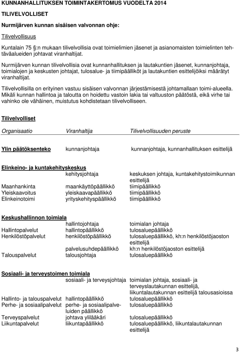 Nurmijärven kunnan tilivelvollisia ovat kunnanhallituksen ja lautakuntien jäsenet, kunnanjohtaja, toimialojen ja keskusten johtajat, tulosalue- ja tiimipäälliköt ja lautakuntien esittelijöiksi