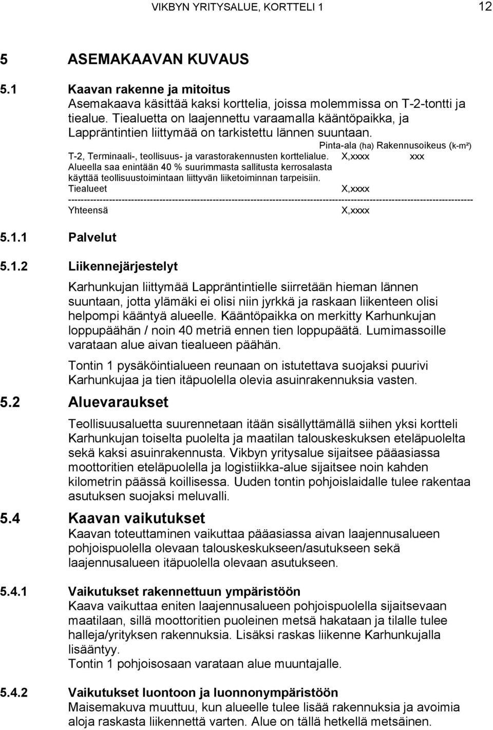 Pinta-ala (ha) Rakennusoikeus (k-m²) T-2, Terminaali-, teollisuus- ja varastorakennusten korttelialue. X,xxxx xxx Alueella saa enintään 40 % suurimmasta sallitusta kerrosalasta 5.1.