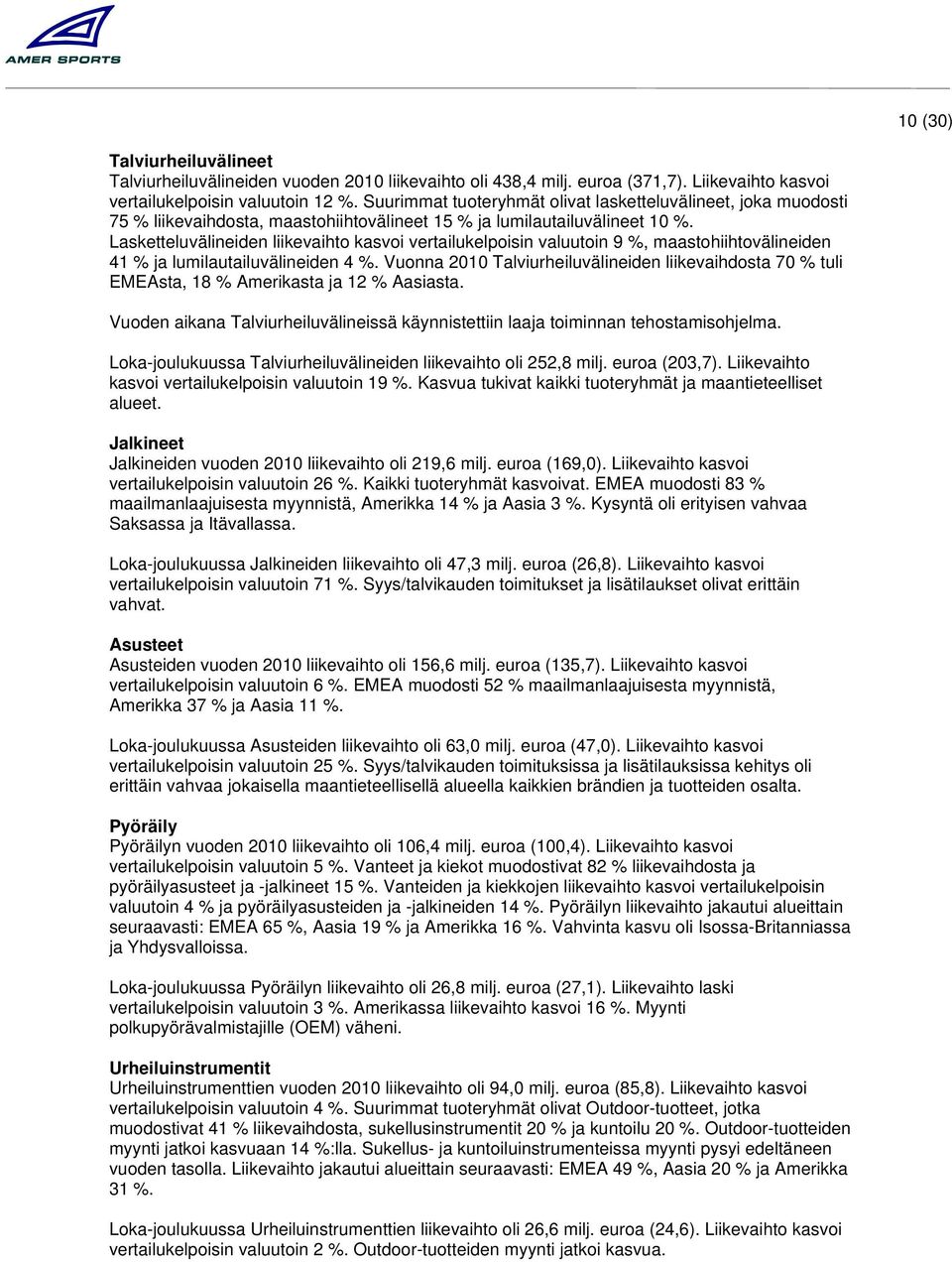 Lasketteluvälineiden liikevaihto kasvoi vertailukelpoisin valuutoin 9, maastohiihtovälineiden 41 ja lumilautailuvälineiden 4.