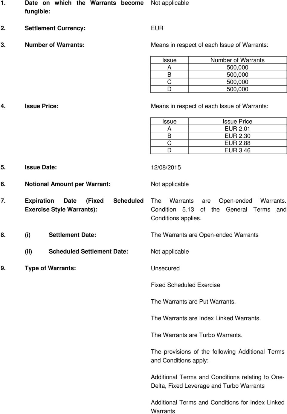 Issue Date: 12/08/2015 Issue Issue Price A EUR 2.01 B EUR 2.30 C EUR 2.88 D EUR 3.46 6. Notional Amount per Warrant: Not applicable 7.