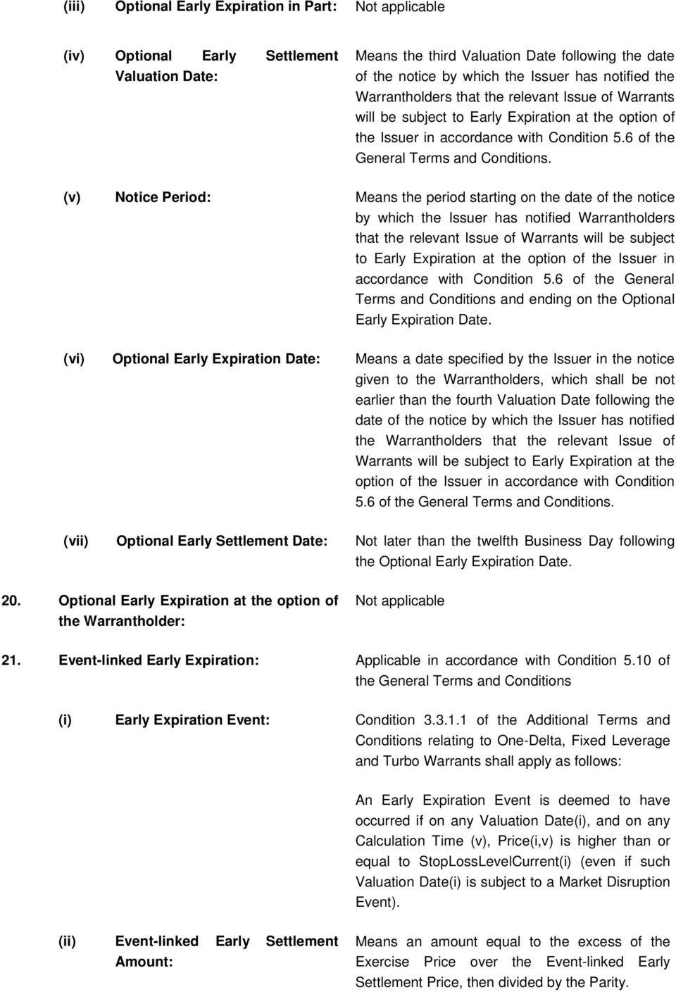 (v) Notice Period: Means the period starting on the date of the notice by which the Issuer has notified Warrantholders that the relevant Issue of Warrants will be subject to Early Expiration at the