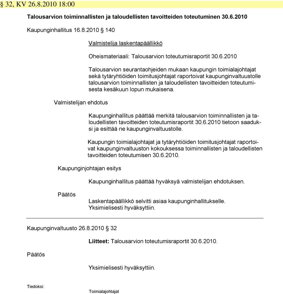 tavoitteiden toteutumisesta kesäkuun lopun mukaisena. Kaupunginhallitus päättää merkitä talousarvion toiminnallisten ja taloudellisten tavoitteiden toteutumisraportit 30.6.