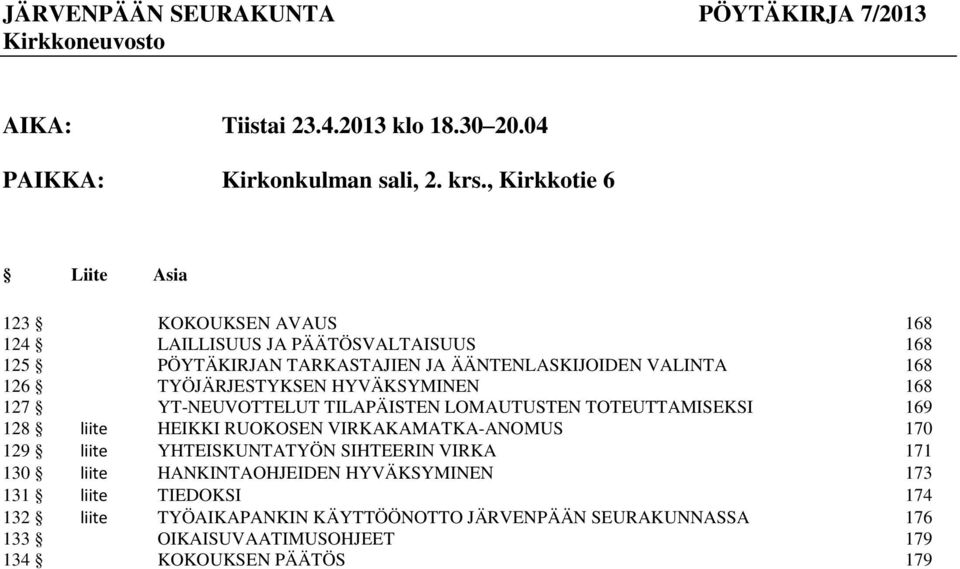 TYÖJÄRJESTYKSEN HYVÄKSYMINEN 168 127 YT-NEUVOTTELUT TILAPÄISTEN LOMAUTUSTEN TOTEUTTAMISEKSI 169 128 liite HEIKKI RUOKOSEN VIRKAKAMATKA-ANOMUS 170 129 liite