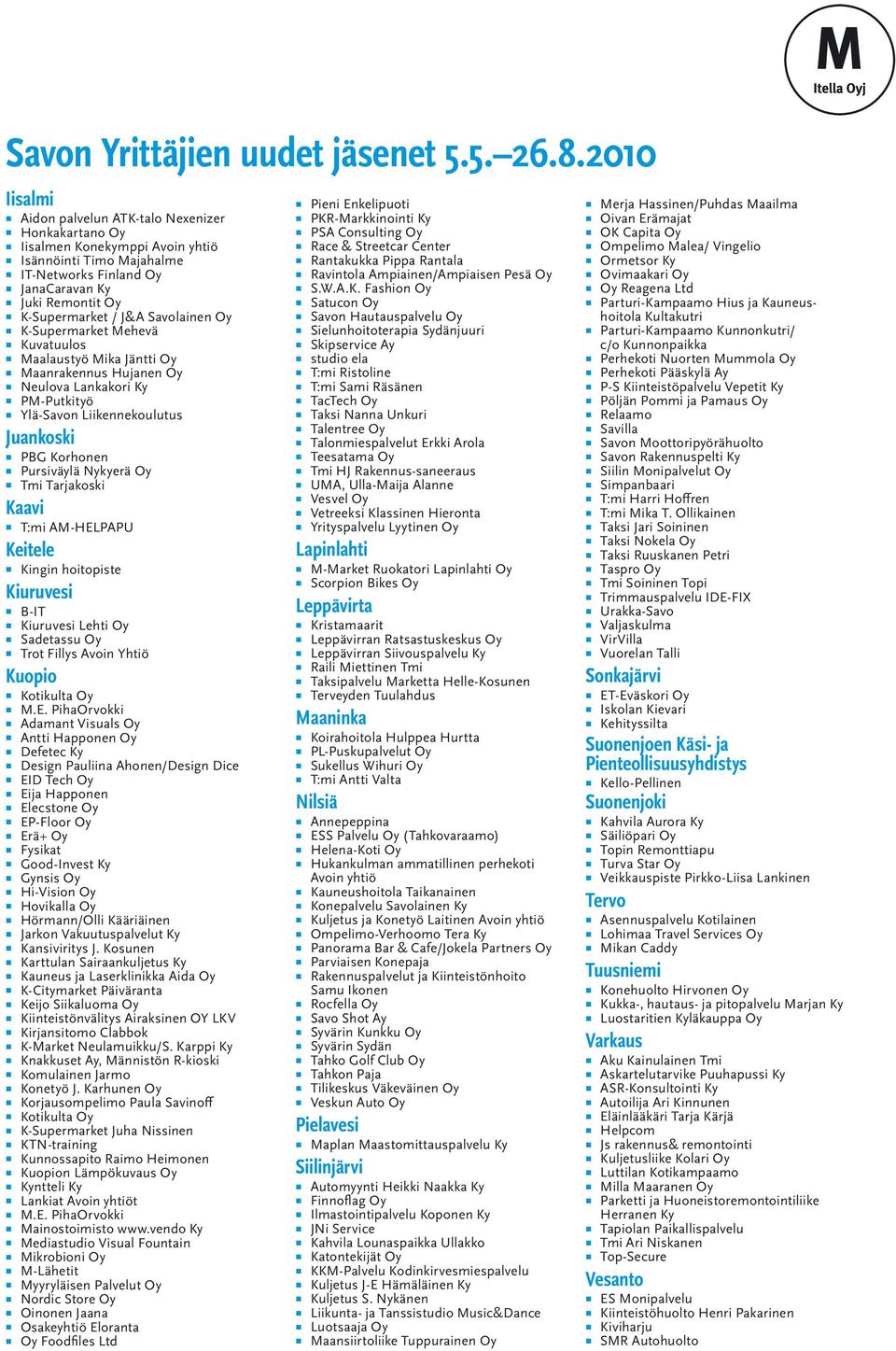 Savolainen Oy K-Supermarket Mehevä Kuvatuulos Maalaustyö Mika Jäntti Oy Maanrakennus Hujanen Oy Neulova Lankakori Ky PM-Putkityö Ylä-Savon Liikennekoulutus Juankoski PBG Korhonen Pursiväylä Nykyerä
