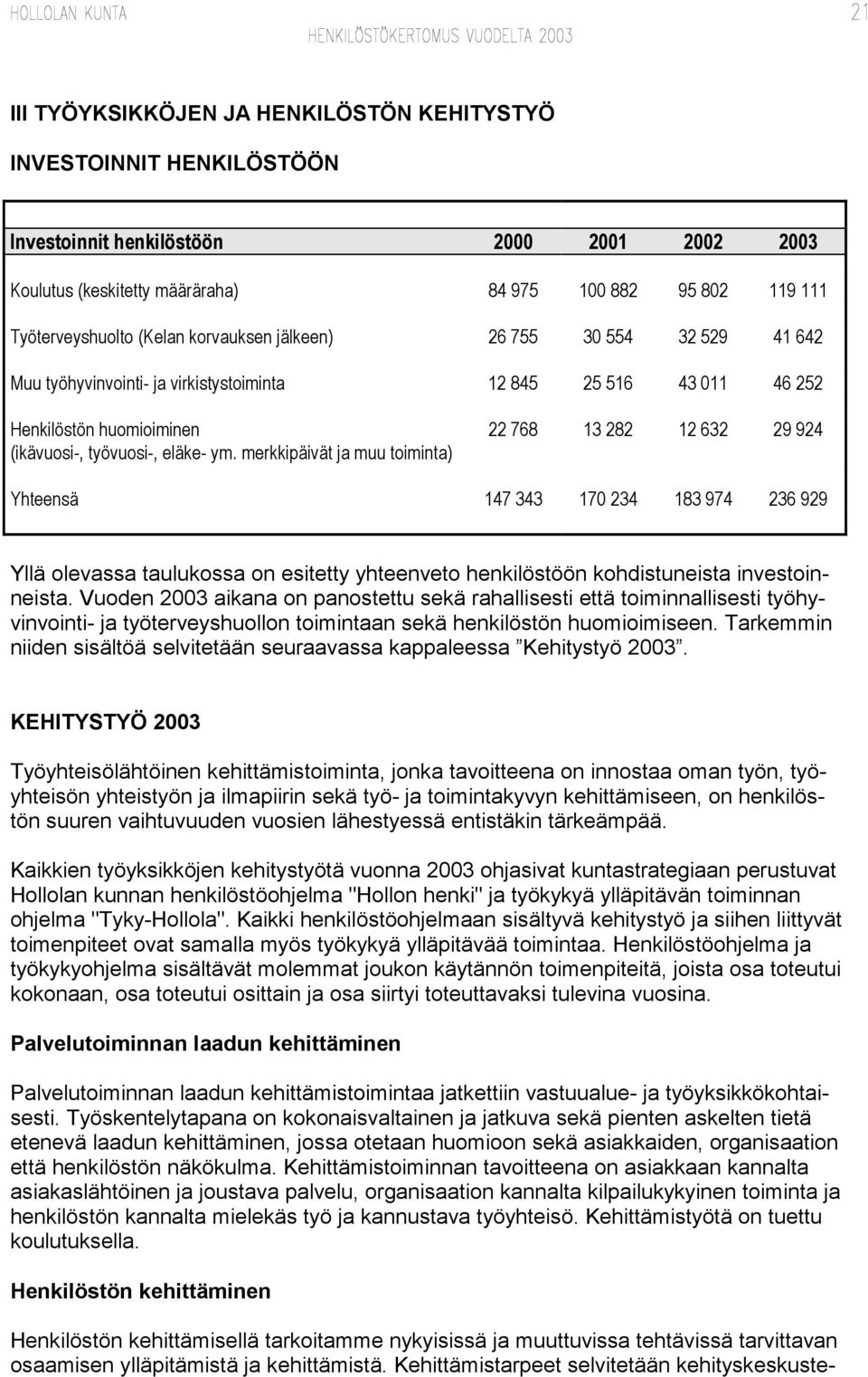 eläke- ym. merkkipäivät ja muu toiminta) Yhteensä 147 343 170 234 183 974 236 929 Yllä olevassa taulukossa on esitetty yhteenveto henkilöstöön kohdistuneista investoinneista.