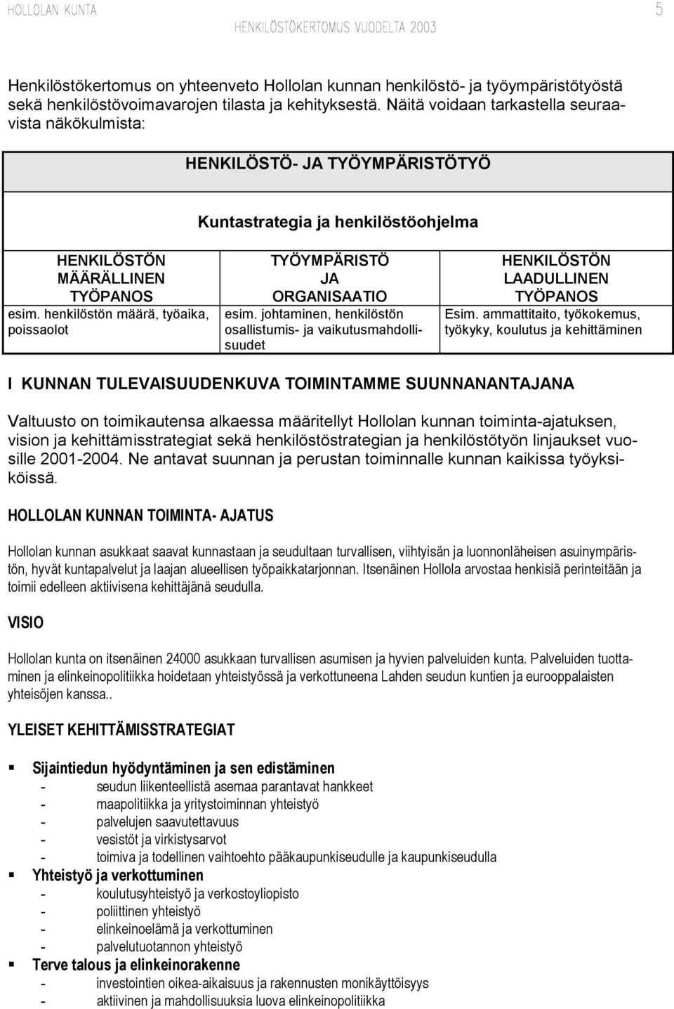 henkilöstön määrä, työaika, poissaolot TYÖYMPÄRISTÖ JA ORGANISAATIO esim. johtaminen, henkilöstön osallistumis- ja vaikutusmahdollisuudet HENKILÖSTÖN LAADULLINEN TYÖPANOS Esim.