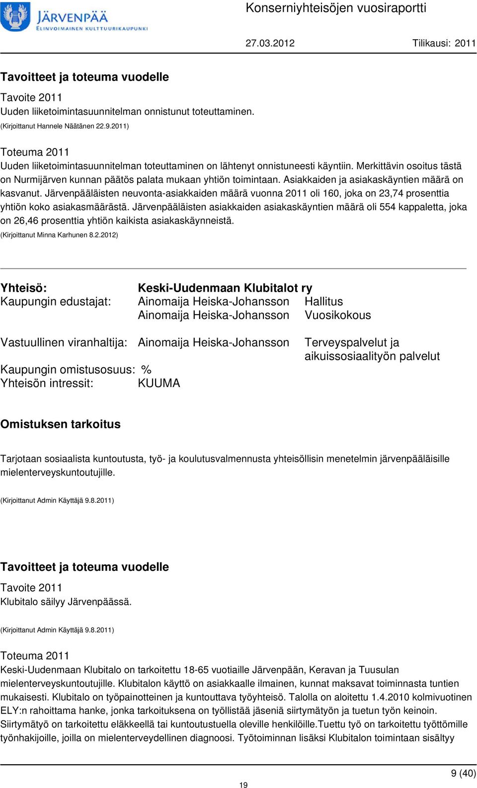 Järvenpääläisten neuvonta-asiakkaiden määrä vuonna 2011 oli 160, joka on 23,74 prosenttia yhtiön koko asiakasmäärästä.