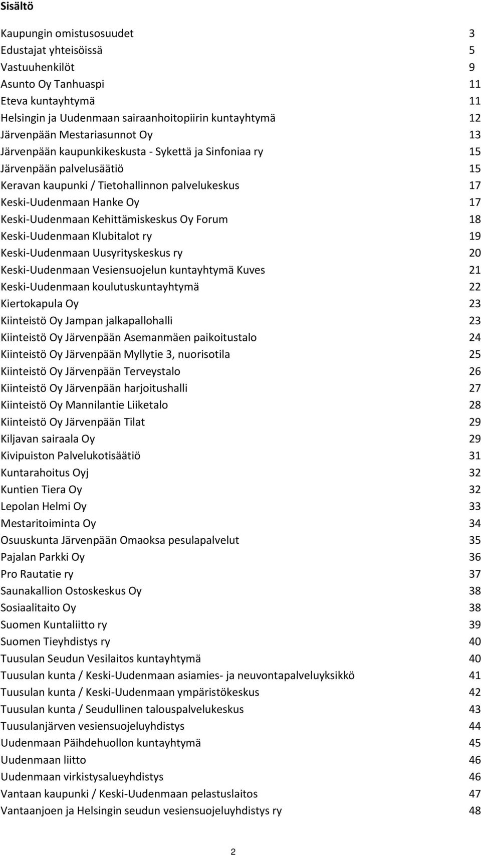 Keski-Uudenmaan Kehittämiskeskus Oy Forum 18 Keski-Uudenmaan Klubitalot ry 19 Keski-Uudenmaan Uusyrityskeskus ry 20 Keski-Uudenmaan Vesiensuojelun kuntayhtymä Kuves 21 Keski-Uudenmaan