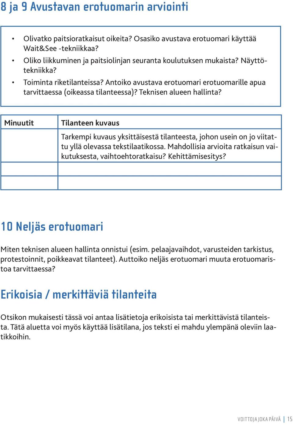 Minuutit Tilanteen kuvaus Tarkempi kuvaus yksittäisestä tilanteesta, johon usein on jo viitattu yllä olevassa tekstilaatikossa. Mahdollisia arvioita ratkaisun vaikutuksesta, vaihtoehtoratkaisu?