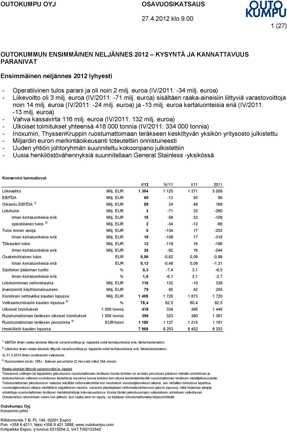 euroa) - Liikevoitto oli 3 milj. euroa (IV/2011: -71 milj. euroa) sisältäen raaka-aineisiin liittyviä varastovoittoja noin 14 milj. euroa (IV/2011: -24 milj. euroa) ja -13 milj.