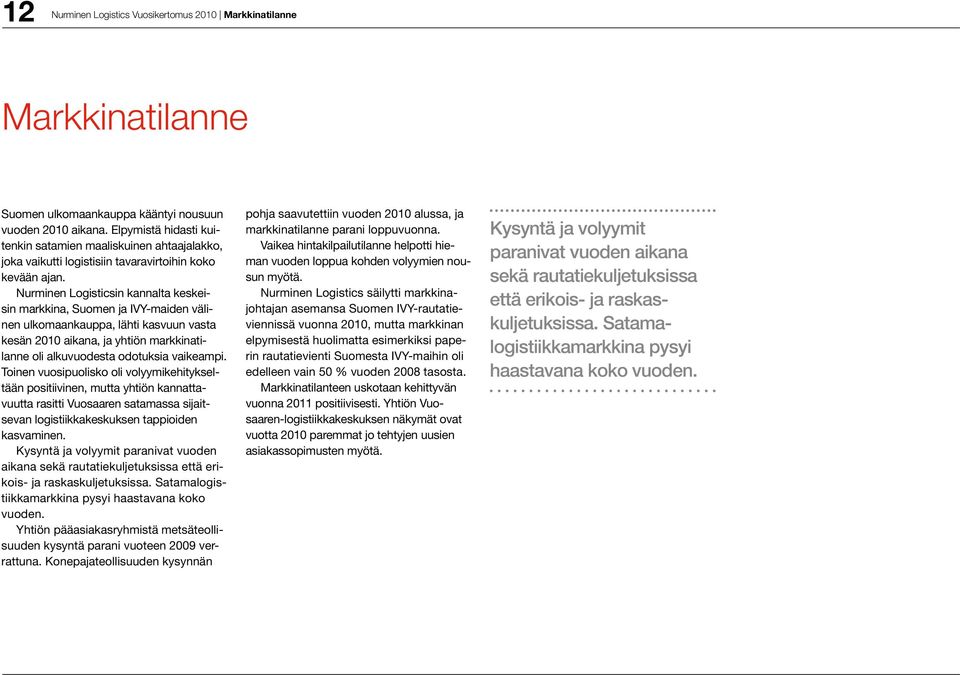 Nurminen Logisticsin kannalta keskeisin markkina, Suomen ja IVY-maiden välinen ulkomaankauppa, lähti kasvuun vasta kesän 2010 aikana, ja yhtiön markkinatilanne oli alkuvuodesta odotuksia vaikeampi.