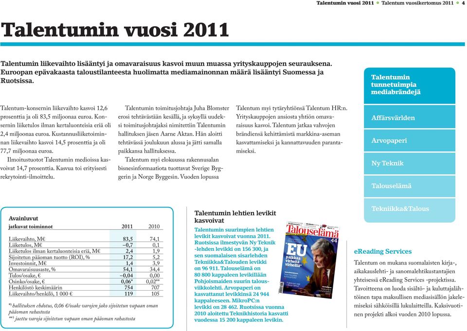 Talentumin tunnetuimpia mediabrändejä Talentum-konsernin liikevaihto kasvoi 12,6 prosenttia ja oli 83,5 miljoonaa euroa. Konsernin liiketulos ilman kertaluonteisia eriä oli 2,4 miljoonaa euroa.