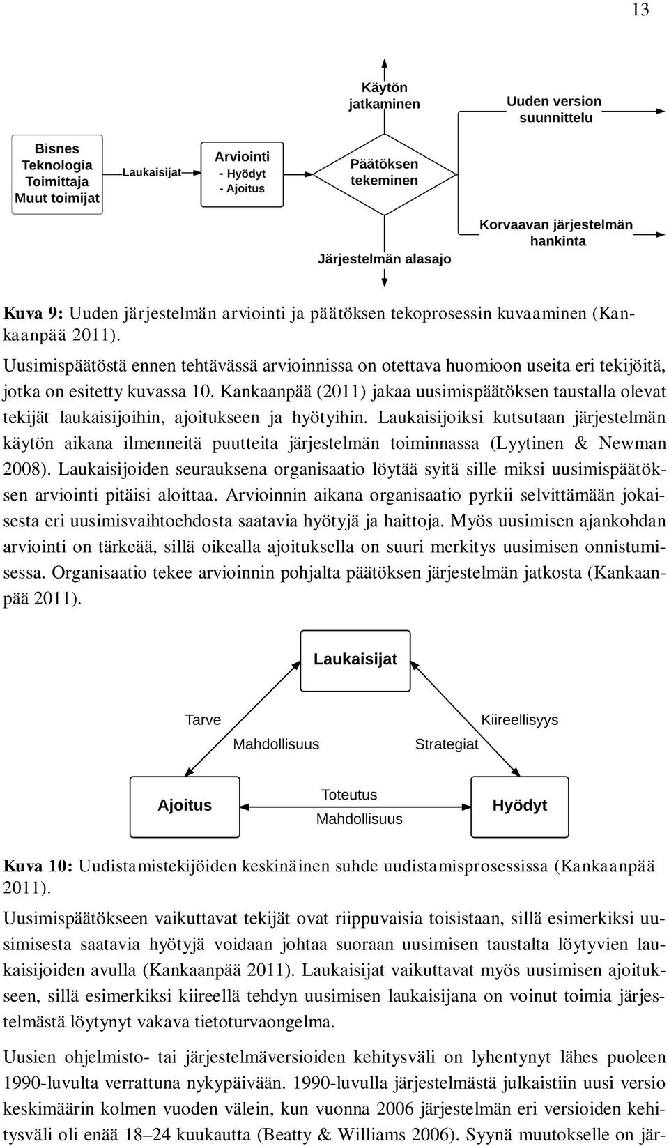 Kankaanpää (2011) jakaa uusimispäätöksen taustalla olevat tekijät laukaisijoihin, ajoitukseen ja hyötyihin.