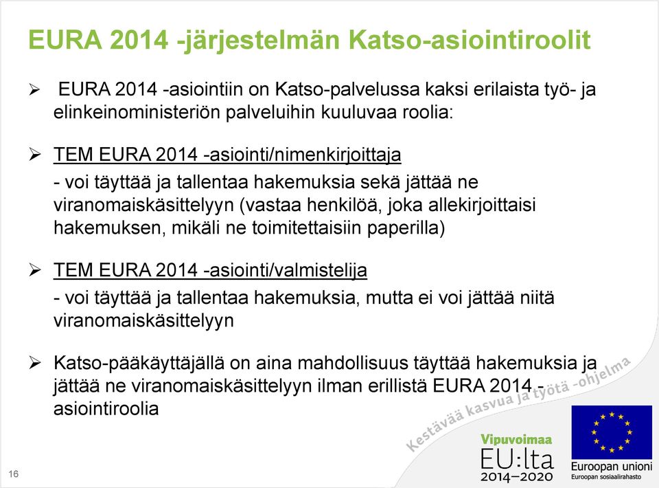 allekirjoittaisi hakemuksen, mikäli ne toimitettaisiin paperilla) TEM EURA 2014 -asiointi/valmistelija - voi täyttää ja tallentaa hakemuksia, mutta ei voi