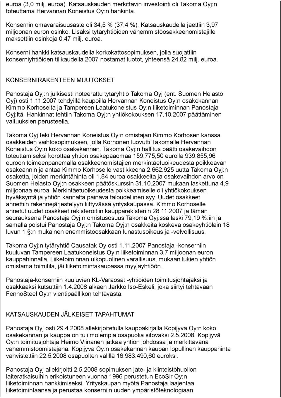 Konserni hankki katsauskaudella korkokattosopimuksen, jolla suojattiin konserniyhtiöiden tilikaudella 2007 nostamat luotot, yhteensä 24,82 milj. euroa.