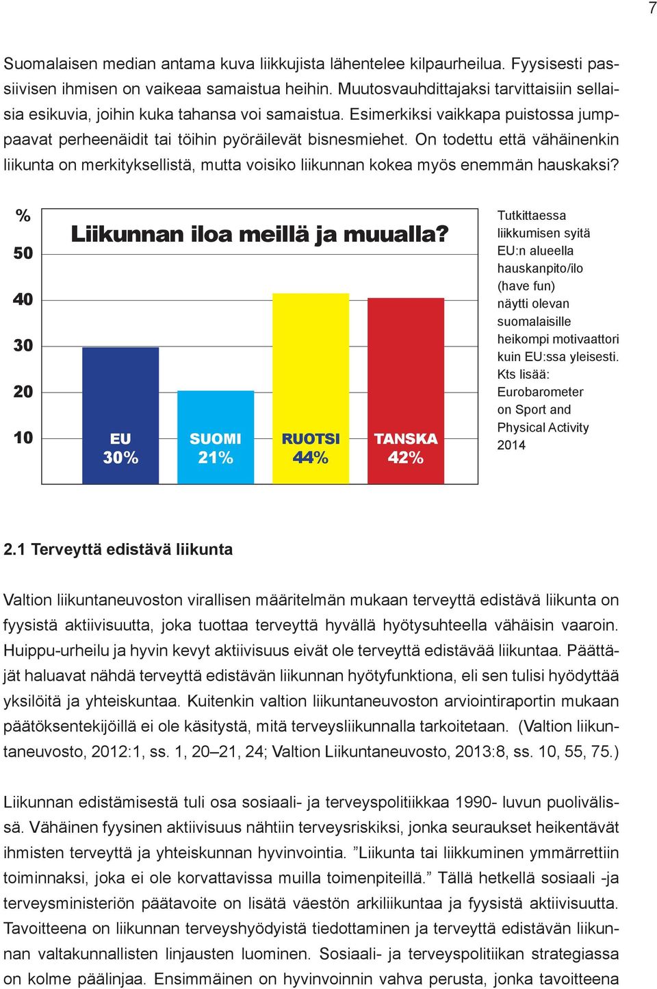 On todettu että vähäinenkin liikunta on merkityksellistä, mutta voisiko liikunnan kokea myös enemmän hauskaksi? % 50 40 30 20 Liikunnan iloa meillä ja muualla?