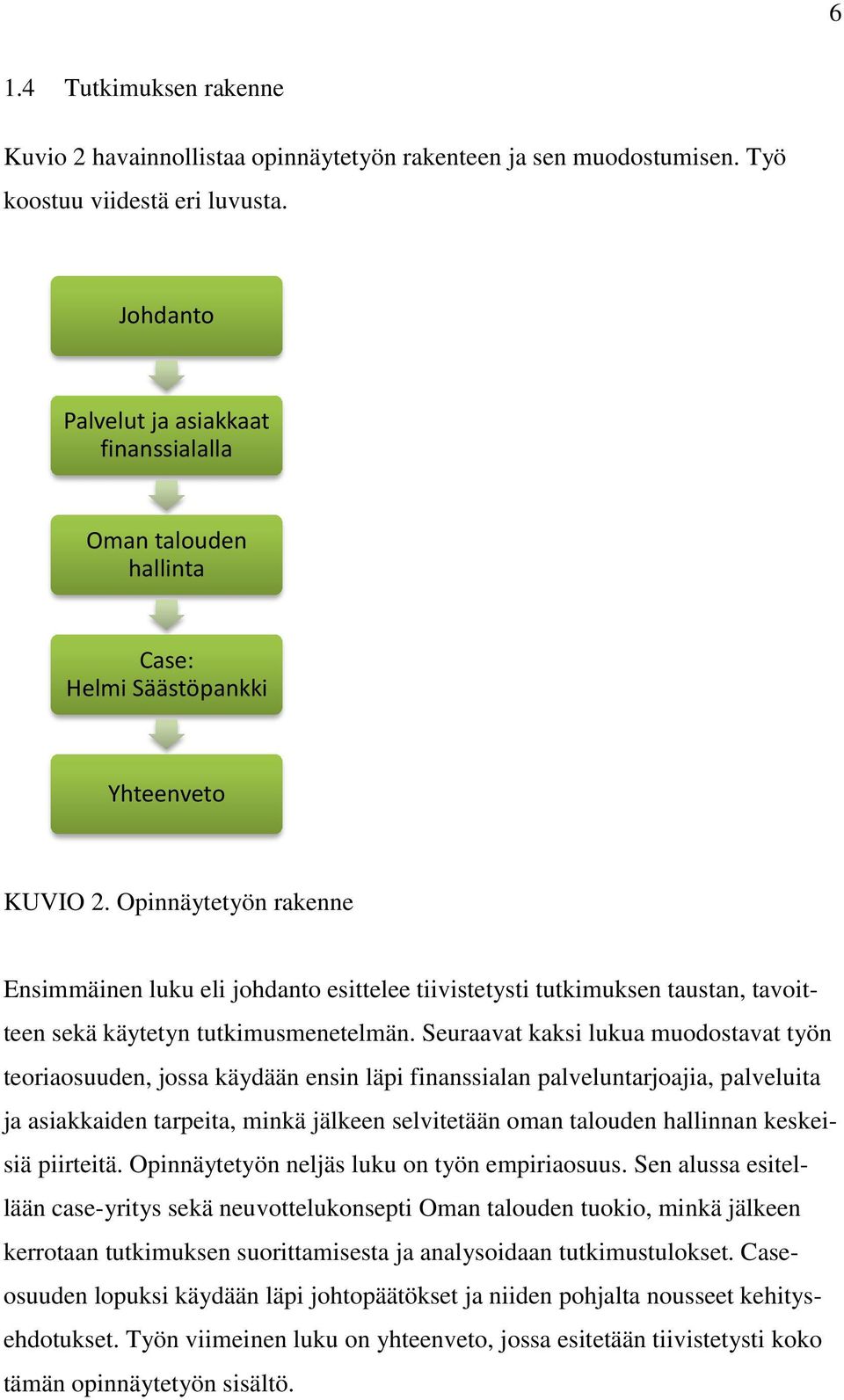 Opinnäytetyön rakenne Ensimmäinen luku eli johdanto esittelee tiivistetysti tutkimuksen taustan, tavoitteen sekä käytetyn tutkimusmenetelmän.