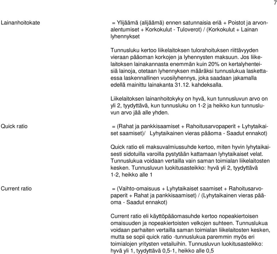 Jos liikelaitoksen lainakannasta enemmän kuin 20% on kertalyhenteisiä lainoja, otetaan lyhennyksen määräksi tunnuslukua laskettaessa laskennallinen vuosilyhennys, joka saadaan jakamalla edellä